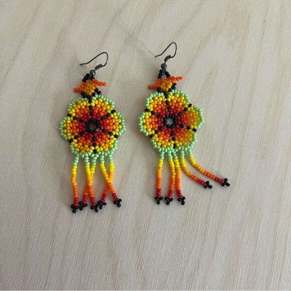 Beaded Bohemian Flower Dangle earrings - Picture 3 of 6